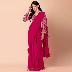 Pink Ruffled Pre-Stitched Saree