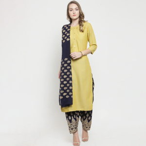 Women black & Gold-Toned Block Printed Salwar & Dupatta Set