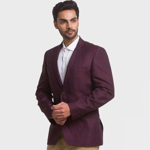 Men Maroon Checked Single-Breasted Formal Blazer