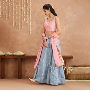 Fashion Bani Pink and Blue Crop Top With Skirt and Dupatta